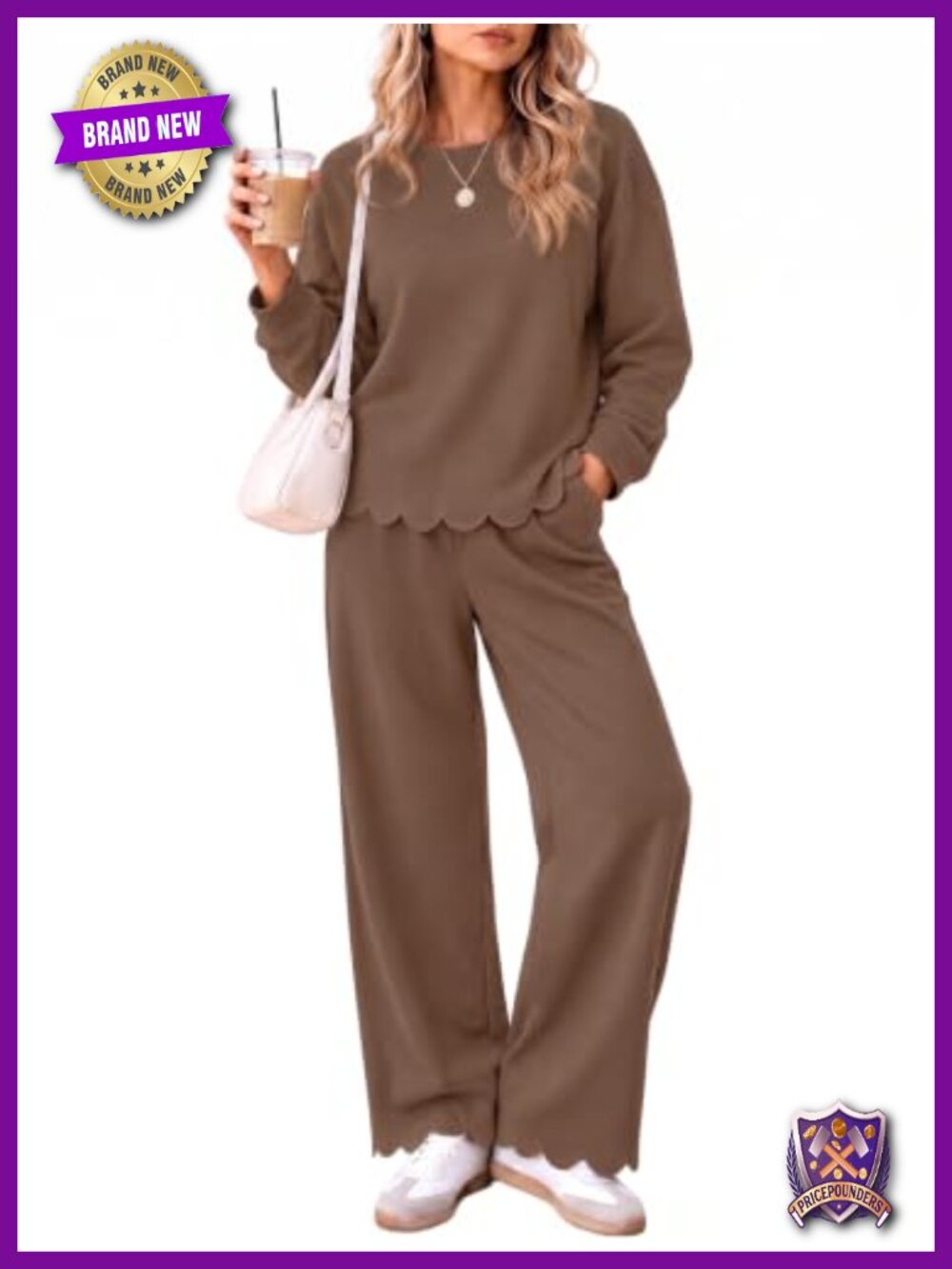 Womens 2 Piece Scalloped Trim Wide Leg Pant Set Loose Fit Tracksuit